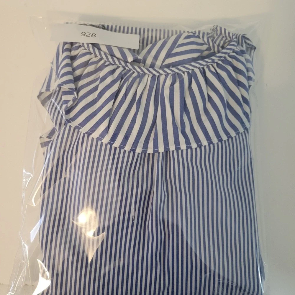 Maggy London Womens‎ Blue White Striped Cold Shoulder Ruffle Shift Dress Size 10